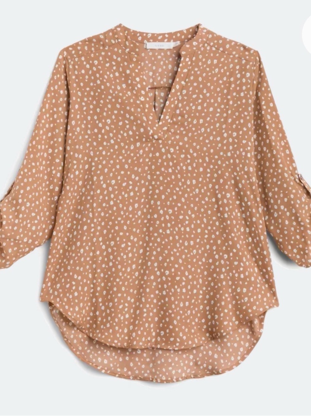 Lush Tan Printed V-Neck Roll-Tab Blouse
